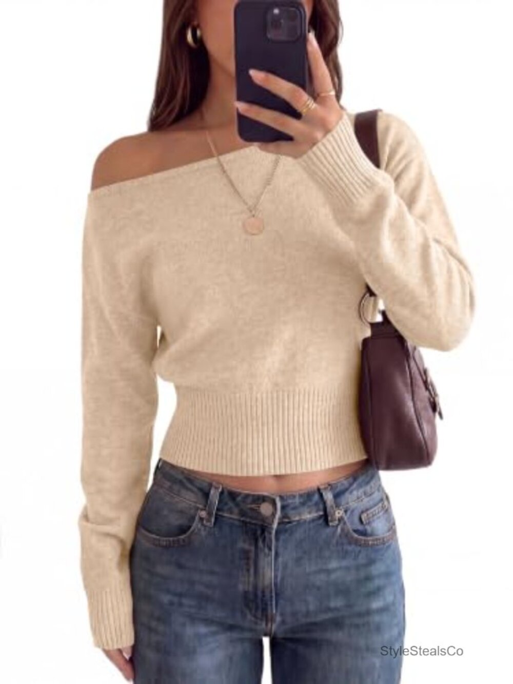 Off Shoulder Cropped Sweater Ribbed Knit Pullover Long Sleeve
